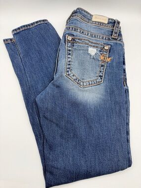 Miss Me Heaven Medium Blue Mid-Rise Skinny Jeans with Distressed Pocket